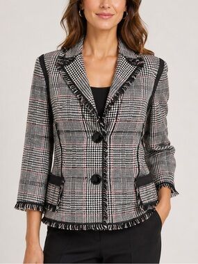 Etcetera Plaid Fringe Wool Blend Blazer Jacket Academia Preppy Career Size 8